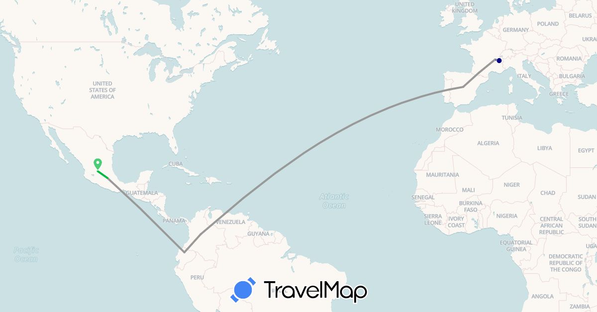 TravelMap itinerary: driving, bus, plane in Colombia, Ecuador, Spain, France, Mexico (Europe, North America, South America)